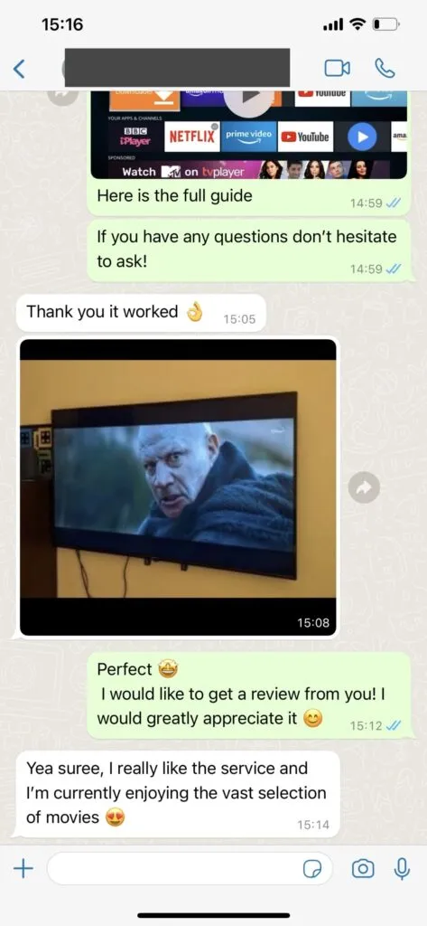 1iptvprovider WhatsApp customer chat confirmation screenshot